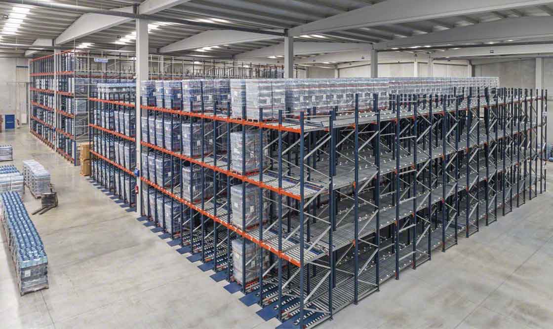 Scaffalature a gravità che fungono da buffer rifornendo la produzione con i prodotti necessari
