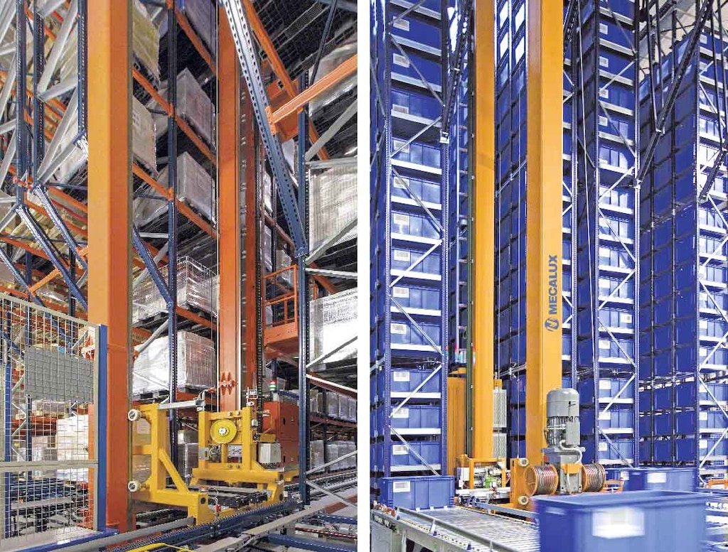I trasloelevatori bicolonna per pallet e per contenitori sono più robusti e hanno una struttura che sostiene meglio i carichi pesanti