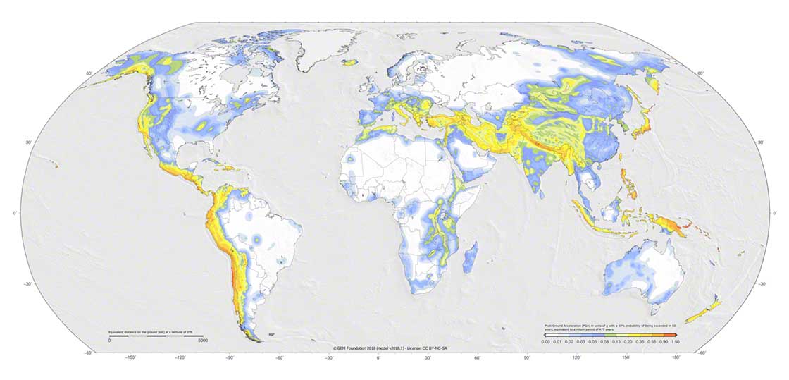 Zone con maggiore probabilità di terremoti sulla Terra. Fonte: Global Earthquake Model