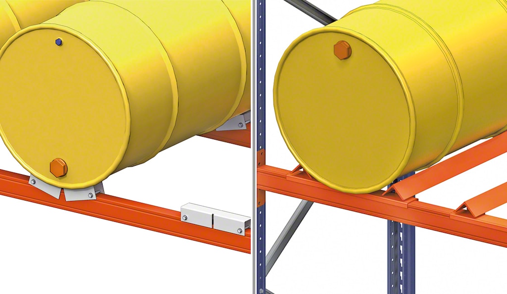 Il supporto per i bidoni è un componente che viene installato sul corrente per facilitare lo stoccaggio dei bidoni o altri prodotti cilindrici