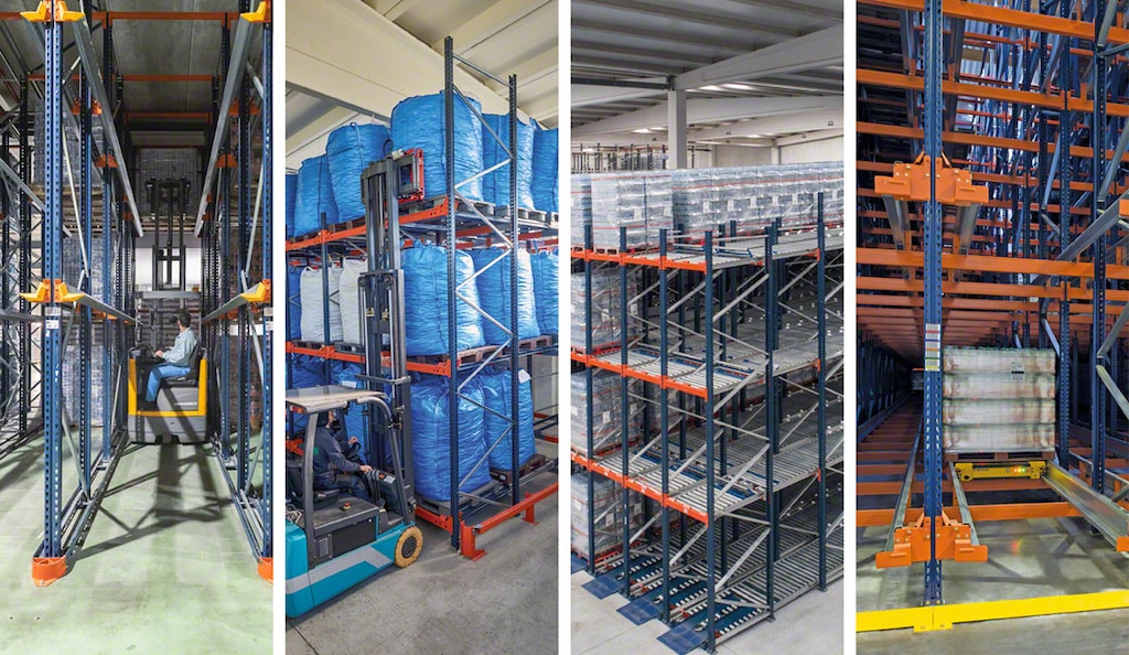 Quattro sistemi di stoccaggio intensivi: scaffalature drive-in, push-back, a gravità e Pallet Shuttle