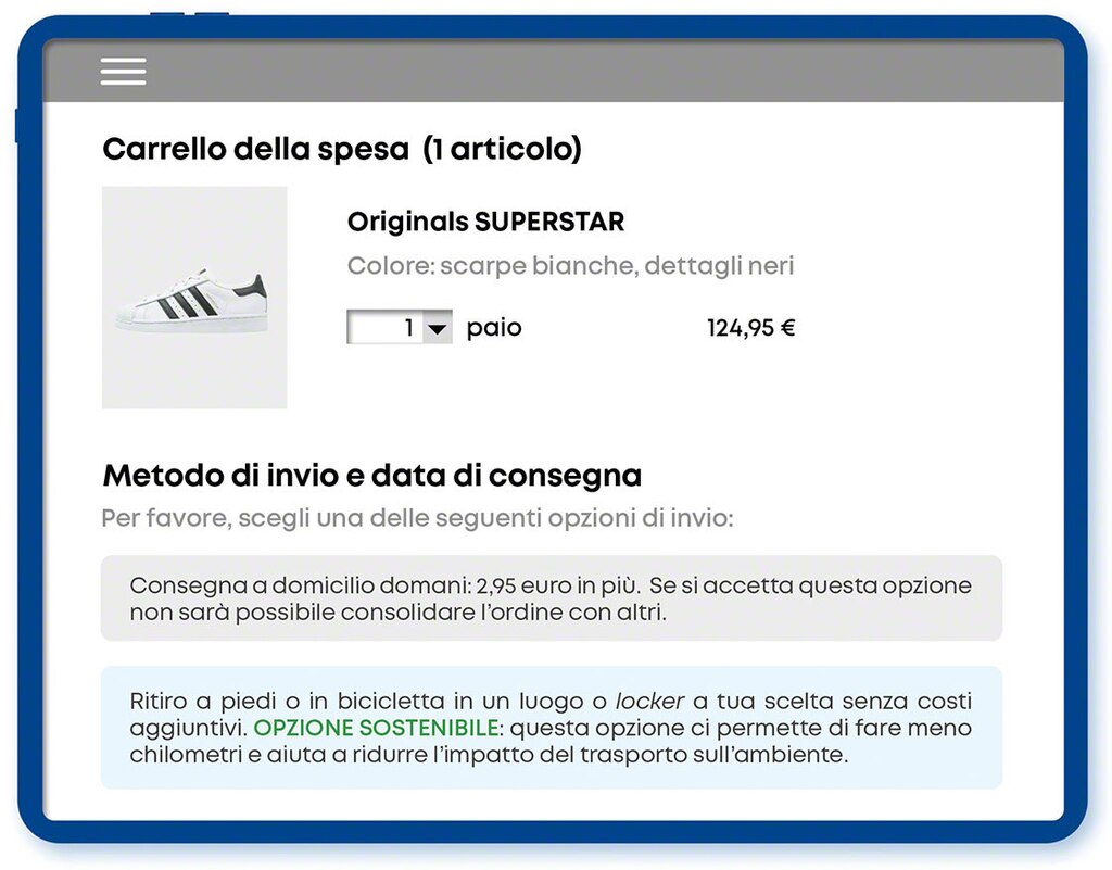 Esempio di scenario sperimentale (Sondaggio 2, condizione 8: prezzo: alto, informazioni sulla sostenibilità: sì, costo aggiuntivo: sì)