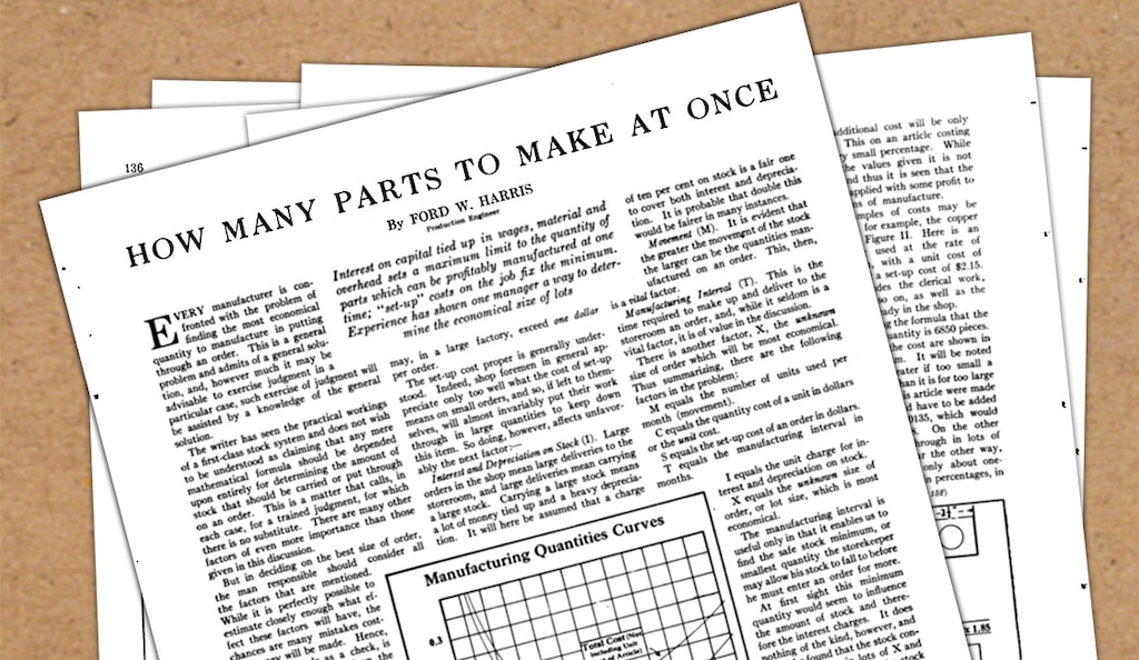 L'ingegnere di produzione Ford Whitman Harris diffuse per la prima volta l'EOQ (Economic Order Quantity) nella rivista Factory nel 1913