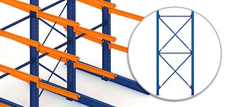 Le controventature e le unioni della colonna irrigidiscono gli scaffali cantilever