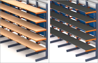 I ripiani continui si appoggiano sulle braccia a sbalzo delle scaffalature cantilever