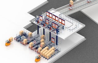 Il sollevatore pallet si integra perfettamente al circuito di trasportatori monorotaia