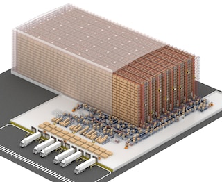 Un circuito di trasportatori permettono di collegare il magazzino autoportante con altre aree, come quella delle spedizioni