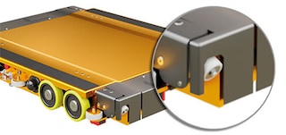 La navetta del Pallet Shuttle 3D comprende 4 ruote di contrasto nella corsia La navetta del Pallet Shuttle 3D comprende 4 ruote di contrasto nella corsia