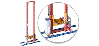 Il trasloelevatore si muove in lungo e in largo nella corsia di lavoro Il trasloelevatore si muove in lungo e in largo nella corsia di lavoro