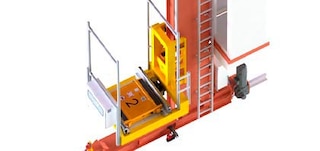 Lo shuttle si posiziona sulla culla di elevazione del trasloelevatore Lo shuttle si posiziona sulla culla di elevazione del trasloelevatore