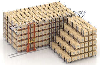 Il trasloelevatore percorre la corsia in lungo e in largo trasportando lo shuttle e il carico Il trasloelevatore percorre la corsia in lungo e in largo trasportando lo shuttle e il carico