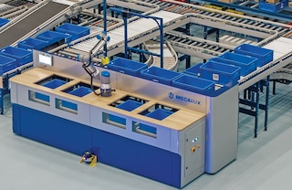 Le stazioni di picking robotizzato di Mecalux possono essere configurate per preparare simultaneamente fino a 4 ordini