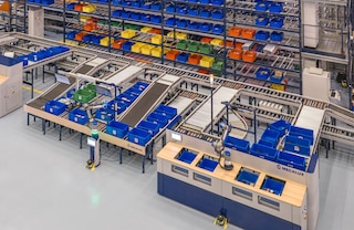 Il robot di preparazione degli ordini si integra perfettamente con differenti sistemi di stoccaggio automatico