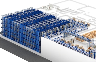 Il Sistema a navette per contenitori può essere configurato con scaffalature di grandi dimensioni e varie corsie per ottimizzare l’utilizzo dello spazio