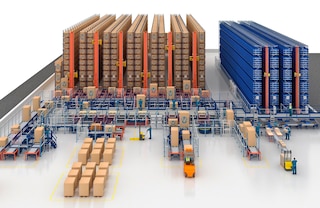 Il trasloelevatore trilaterale automatico può essere integrato ad altri sistemi di stoccaggio automatico, come il miniload