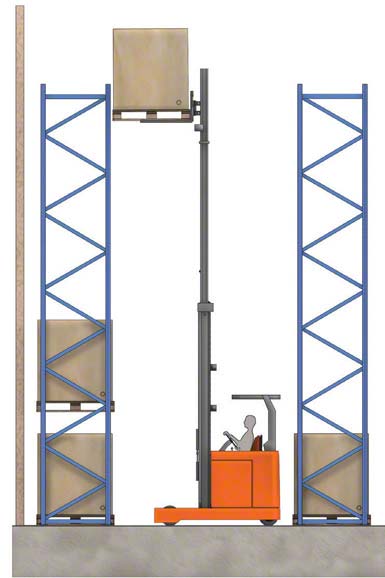 Illustrazione di un carrello retrattile che solleva un carico a 10 metri di altezza