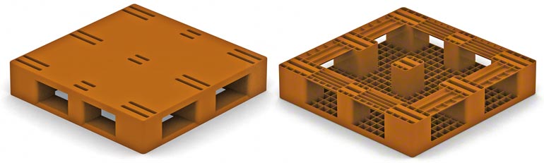 Questo modello ricorda molto un pallet in legno di tipo 2, con slitte perimetrali; è necessario prendere in considerazione gli stessi vincoli di questo tipo di pallet.