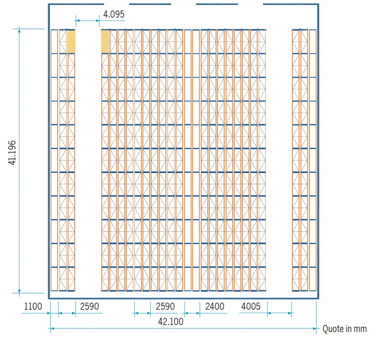 Planimetria per lo stoccaggio di 1.144 pallet con sistema su basi mobili